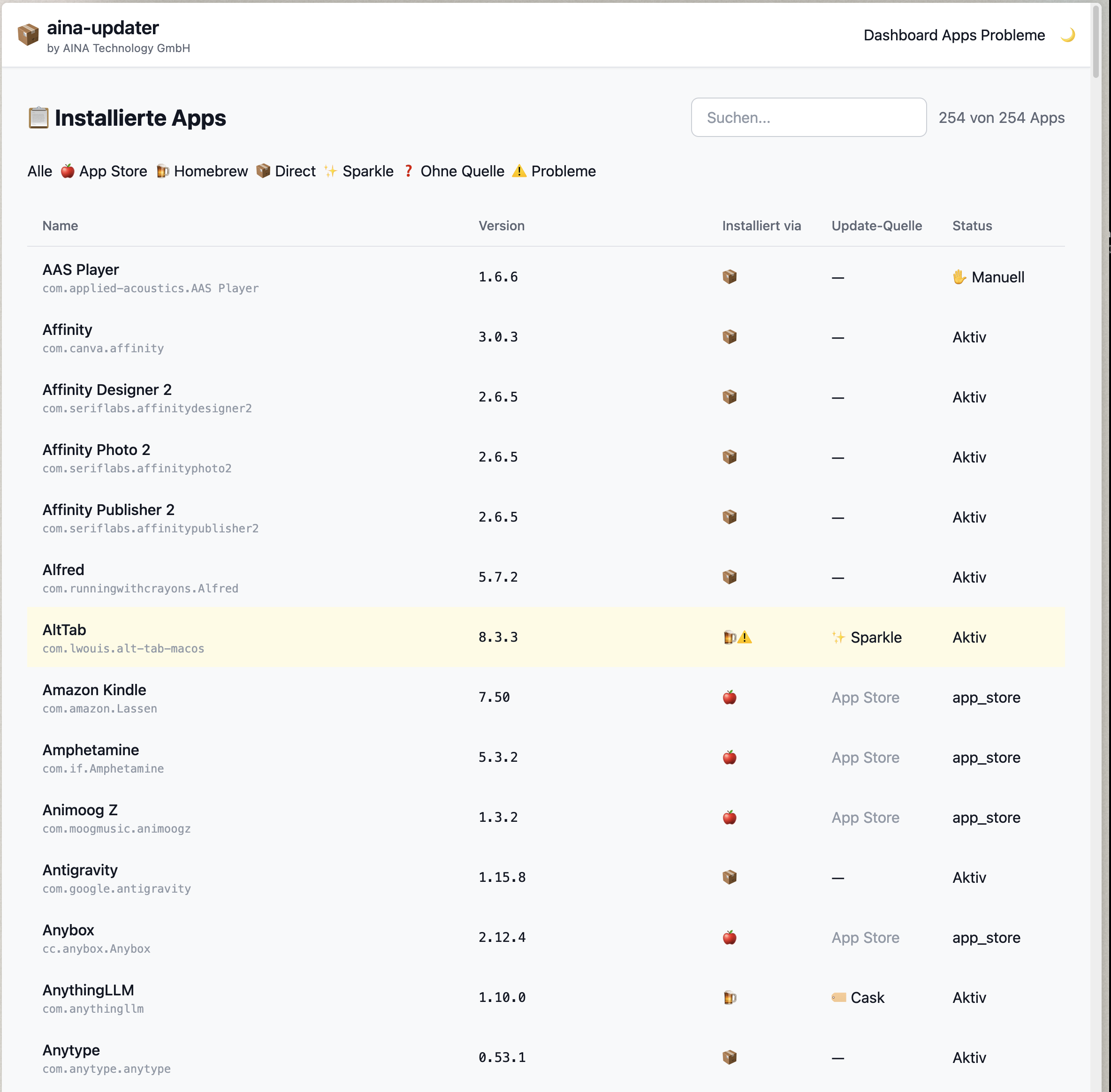 app-updater: Web Dashboard im Browser